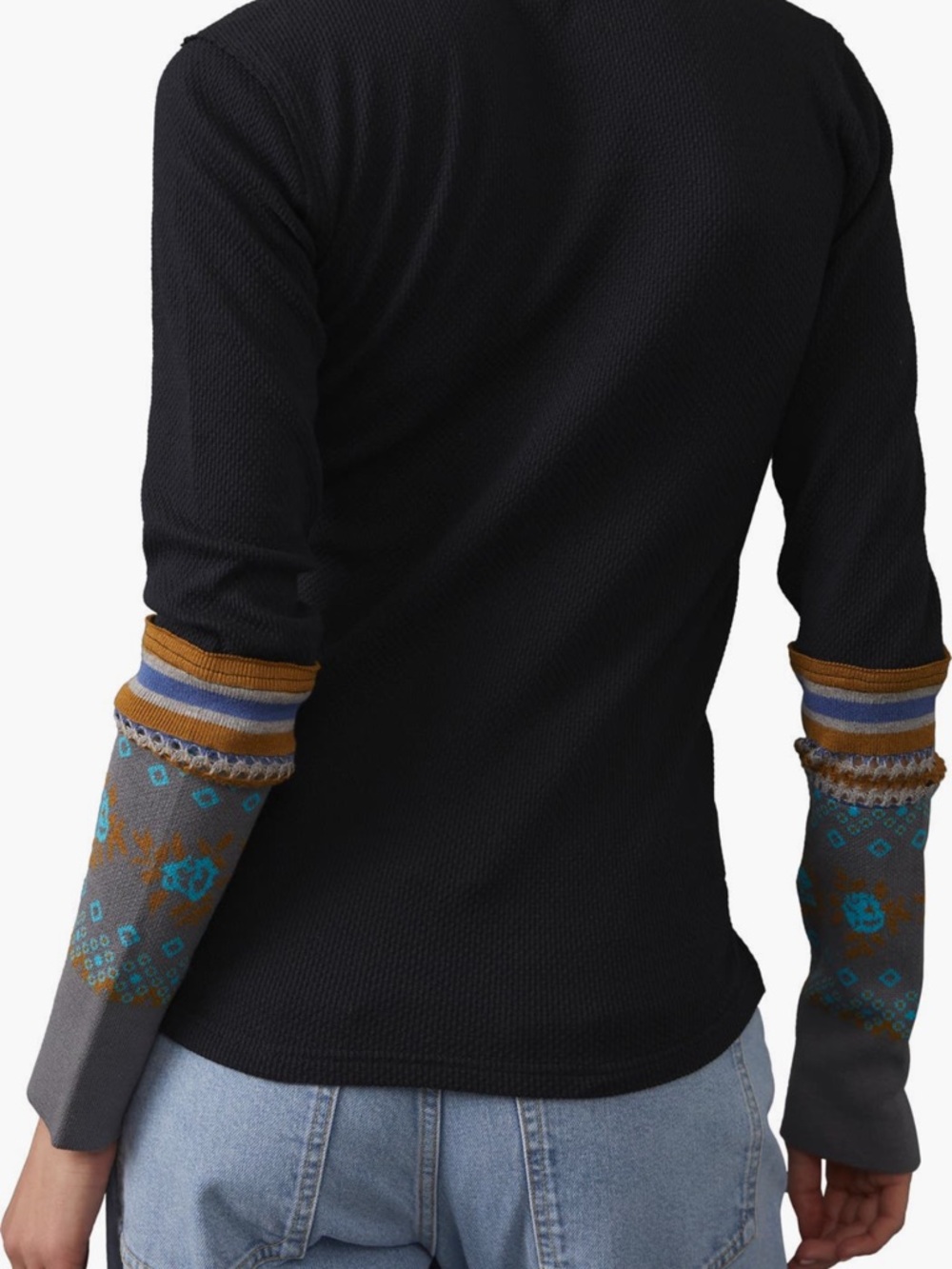 Free People We The Free Mikah Waffle Thermal M Black Patterned Knit Cuff Henley - Picture 4 of 6